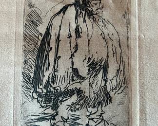 Unframed "Stout Man in a Large Cloak" by Rembrandt, Restrike Etching