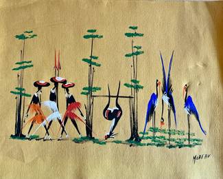 Unframed African painting signed by Moreau