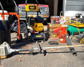 Echo weed eater , hand trucks, DeWalt 3400 psi, pressure washer( sorry, family is keeping pressure washer), Echo blower, Black and Decker sander(new in box) Grizzly 2.5 air compressor
