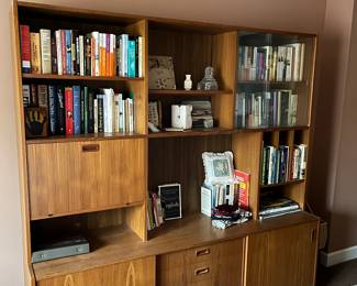 Danish Modern, Teak, shelving unit with sliding glass doors and drop front cabinet