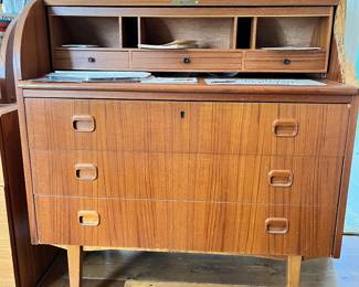 Danish Modern Teak, Roll Top Desk, does have damage.