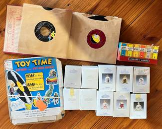 Vintage records, records and picture books, vintage "Library of Games", vintage Goebel Christmas bells.