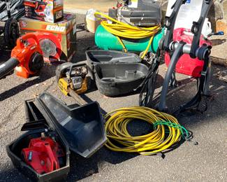 Saris bike rack, Poulan chain saw. Craftsman chain saw, 10/3 extension cord 50ft. and Grizzly 2.5 air compressor