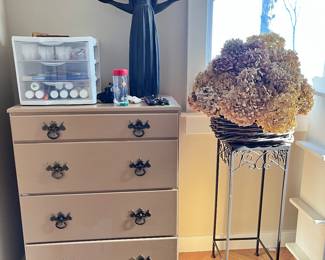 4 drawer chest, Bird Girl statue, metal plant stand, dry hydrangeas