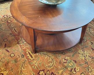 2 tier round cocktail table, signed pottery bowl, beautiful large, hand knotted rug, made in India