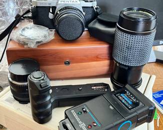 Vintage Pentax camera and accessories.