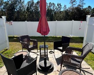 Hamilton Bay patio furniture set - 4 chairs, 3 side tables, umbrella 