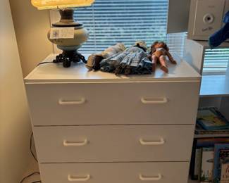 $68. Three drawer white dresser. 29.5"w x 18.5"d x 28.5"h. Available for online purchase beginning Wednesday, January 22 starting at 7pm. All online purchases are final. Please see details on how to do it in our sale description.