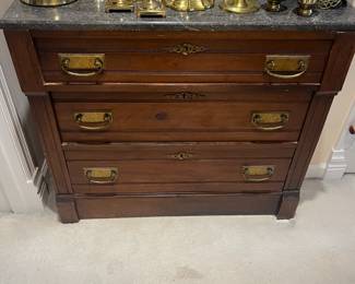 $280. Antique three drawer marble top chest. 35"w x 16"d x 30"h. Available for online purchase beginning Wednesday, January 22 starting at 7pm. All online purchases are final. Please see details on how to do it in our sale description.