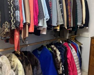 Overview of clothing sold during in person shopping hours only. Antique, vintage and current in various sizes.