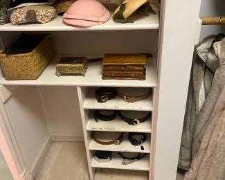 Overview of hats and belts sold during in person shopping hours only. Antique, vintage and current in various sizes.