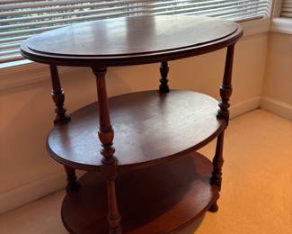 $130. Three tiered antique side table. 25"w x 19"d x 26"h. Available for online purchase beginning Wednesday, January 22 starting at 7pm. All online purchases are final. Please see details on how to do it in our sale description.