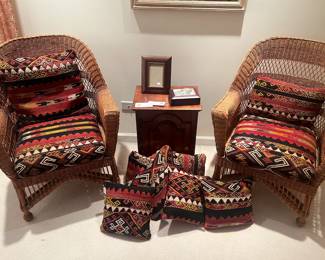 $780 for the pair. Vintage with Kilim covered cushions. 26"w x 20"d x 35.5"h. Cushions shown on the floor are sold separately. Available for online purchase beginning Wednesday, January 22 starting at 7pm. All online purchases are final. Please see details on how to do it in our sale description.