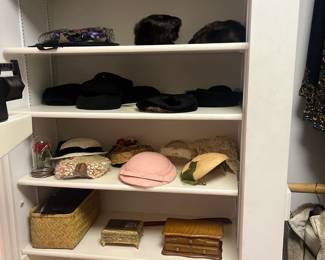 Overview of hats, belts and other items sold during in person shopping hours only. Antique, vintage and current in various sizes.