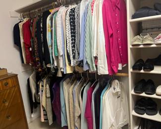 Overview of clothing sold during in person shopping hours only. Antique, vintage and current in various sizes.