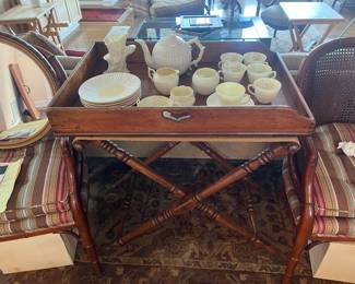 $240. Butler's tray table on stand. Antique. 29.5"w x 20"d x 33"h. Available for online purchase beginning Wednesday, January 22nd starting at 7pm. All online purchases are final. Please see details on how to do it in our sale description. Belleek china sold during in-person shopping hours only.