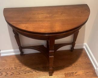 $380. Antique demi-lune game table with hidden drawer. As shown it is 36"w x 18"d x 30'H. When open it is a 36"round. Available for online purchase beginning Wednesday, January 22 starting at 7pm. All online purchases are final. Please see details on how to do it in our sale description.