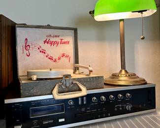 Vintage Montgomery Ward Stereo, DeJay Happy Tunes Portable Record Player, Bankers Lamp