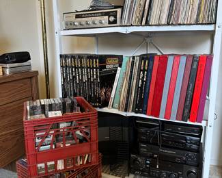 Crates of Cassette & CDs, Records, & Audio Equipment