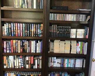 Books, CDs, DVDs, Wooden book shelves