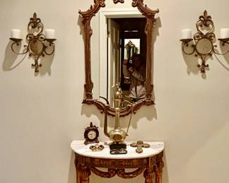 Marble Top Demilune table, French style Mirror, Sconces