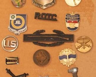 Several lots of Military Pins on cardboard Mostly Army ROTC, Rank Etc