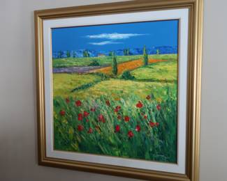 Oil Painting on Canvas Depicting a Field of Poppies in Rural Landscape