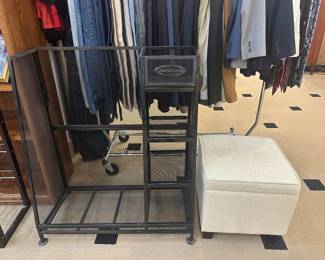Wire organizational shelf, storage ottoman on the right