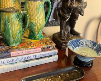 19th c. English Majolica corn pitchers, 19th c. Chinese pen tray, Chinese Qing Dynasty bowl