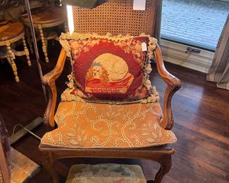 Vintage Cedric Hartman floor lamps (2 available), French cane chair, needlepoint dog pillow, French needlepoint footstool 