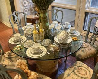 Beautiful glass top breakfast table and set of 6 needlepoint chairs