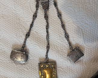 Exquisitely detailed Late Victorian, renaissance revival style British Chatelaine with notebook and pen (center) and empty cases