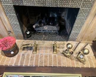 4 piece fireplace tools, pair of andirons