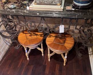 Marble top iron console (2 available, mount to wall), pair of side tables