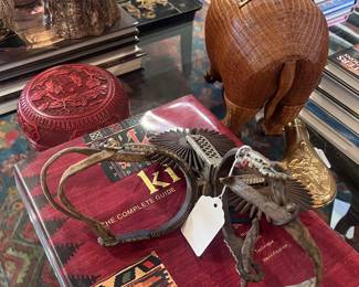 Antique Chilean spurs, 18th century cinnabar lacquer box (red)