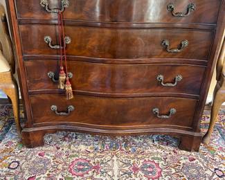 Neiman Marcus serpentine floral carved chest, silk rug 