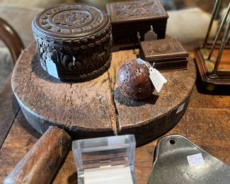 Carved wooden boxes, vintage ornamental incense ball, antique milk skimmer, prayer box