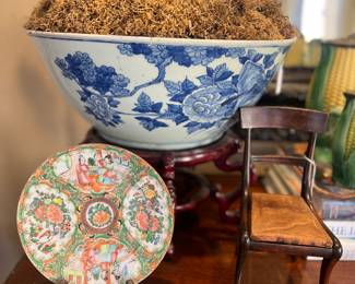 Rose medallion plate, antique bowl with plant and stand, antique furniture display chair