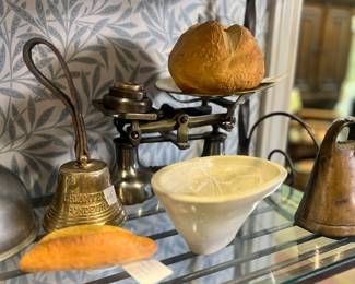 Dinner bell, faux bread, antique yellow ware rabbit mold, vintage kitchen scale
