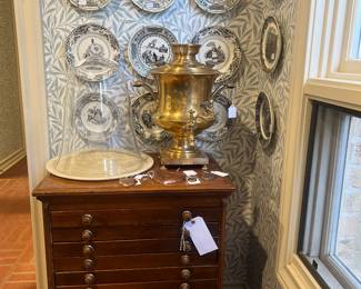 Antique specimen chest, 19th century Russian samovar, incredible collection of French Gien plates