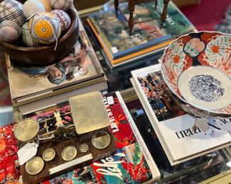 Accessories include (clockwise from bottom left): antique letter and postal scales and weights,  Imari bowl, antique furniture display chair, set of 8 Scottish Victorian carpet balls

Coffe table books include: Leroy Neiman, Michelangelo, DaVinci, Musèe D’Orsay, Rembrandt, Degas, Van Gogh, Walt Disney and more