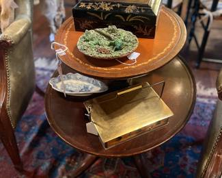 Mahogany leather-top tiered table,  Palissy ware plate, Chinese lacquered box with porcelain, antique rare heater/nightlight made in Paris (gold box), antique 1800s ironstone (blue and white)