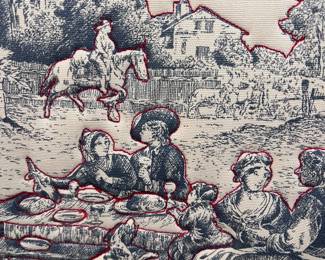 Close up of custom embroidered toile on French chair