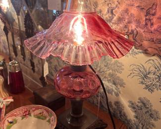 Pair of Fenton cranberry glass lamps, French footed cafe au lait bowl
