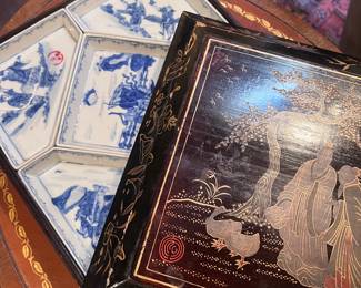 Porcelain inside Chinese lacquered box