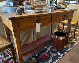 Antique desk, 19th c French rustic, antique leather waste basket
