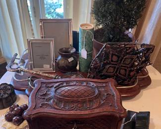 Antique stamps and carved box, 19th c. English brass and wood tray