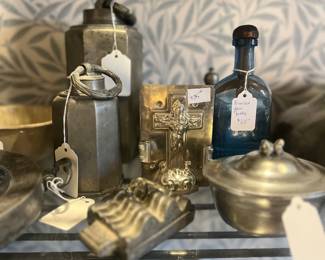 Pewter water bottles, pewter trinket boxes, primitive glass bottle