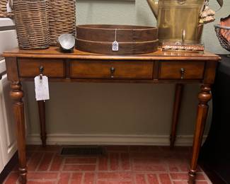 Antique wicker wrapped glass, primitive sifter, 19th c. brass watering can, writing desk