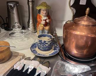 Antique copper kettle, Staffordshire jug